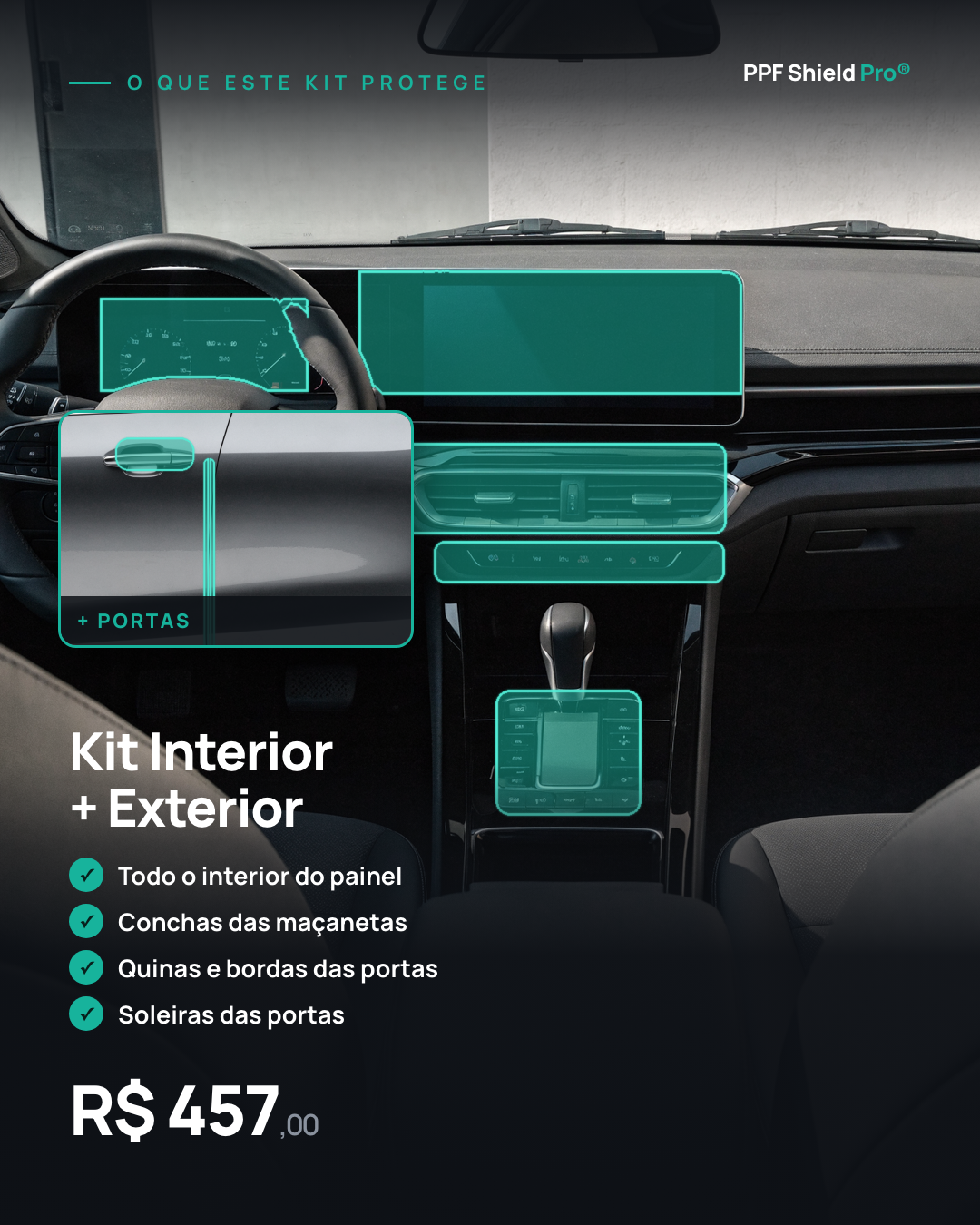 Kit Interior mais Exterior - proteção completa do painel e das portas com PPF Shield Pro
