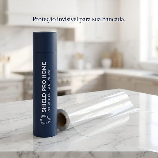 Película protetora PPF Shield Pro Home: embalagem premium e rolo transparente desenrolando sobre bancada de mármore branco na cozinha