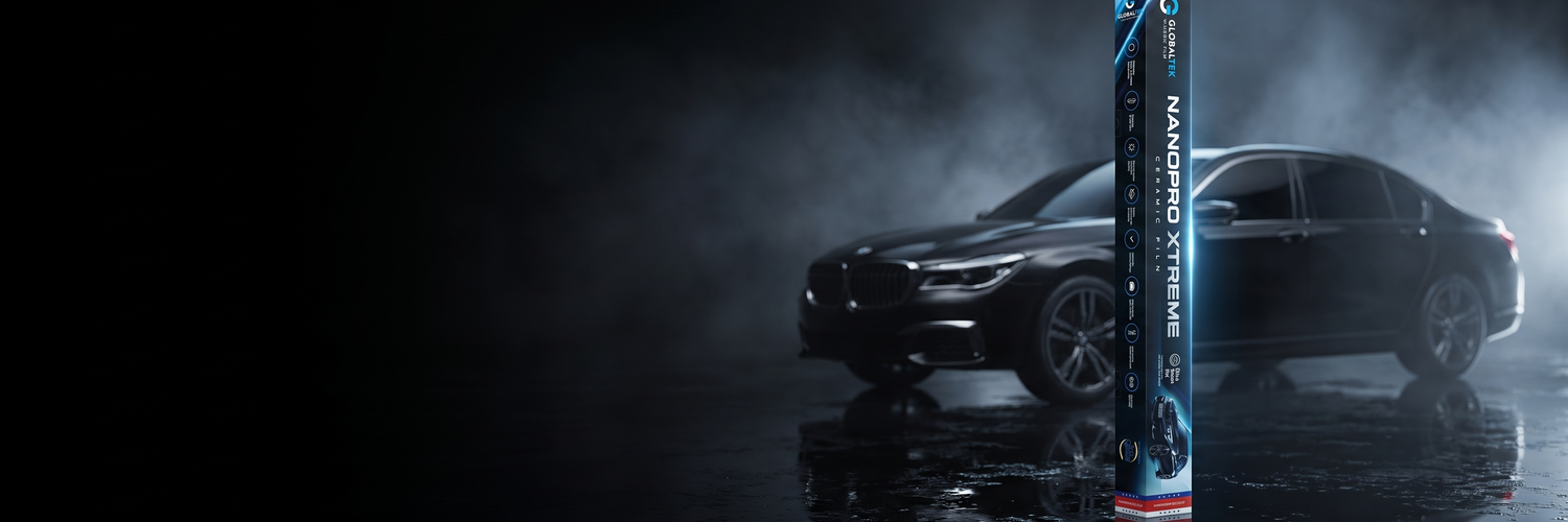 Caixa NanoPro Xtreme — película nano cerâmica automotiva sob medida com sedan de vidros escurecidos