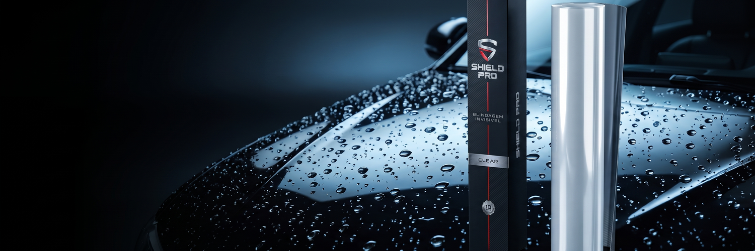 PPF Shield Pro — película de proteção de pintura sobre capô piano black com gotas hidrofóbicas